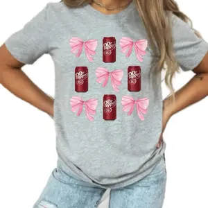 Dr. Pepper and Pink Bow Casual Women's T-Shirt with Gray Fabric, Stylish Design, Crewneck, Versatile Wear for Any Occasion top Comfort Comfortable Shortsleeve Womenswear