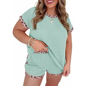 Tankaneo Womens Plus Size 2 Piece Short Sets Leopard Print Ribbed Knit Short Sleeve Top 2026 Summer Casual Lounge Set