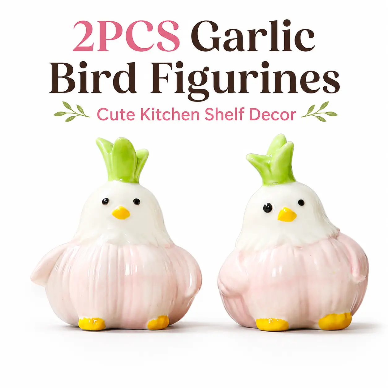 2PCS Cute Garlic Bird Ceramic Figurines, Pink Garlic Chicken Shelf Decor, Funny Kitchen Tabletop Ornaments, Small Decorative Collectibles for Home, Office, Bookshelf, Desk, Farmhouse Kitchen Gift