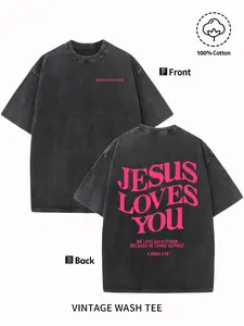 Men'S Vintage Wash Cotton T-shirt, Jesus Loves You Letter Pattern, Printed T-shirt, Vintage Wash, Round Neck, Comfortable Fit, Casual Summer Wear, Suitable For Outdoor Wear, 230g, Washable vintage style top