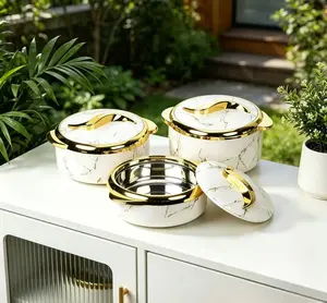 Kitchen 3-Piece Insulated Storage Container Set - Luxurious Marble Appearance, Lidded Design, Ideal for Family Gatherings, Outdoor Activities