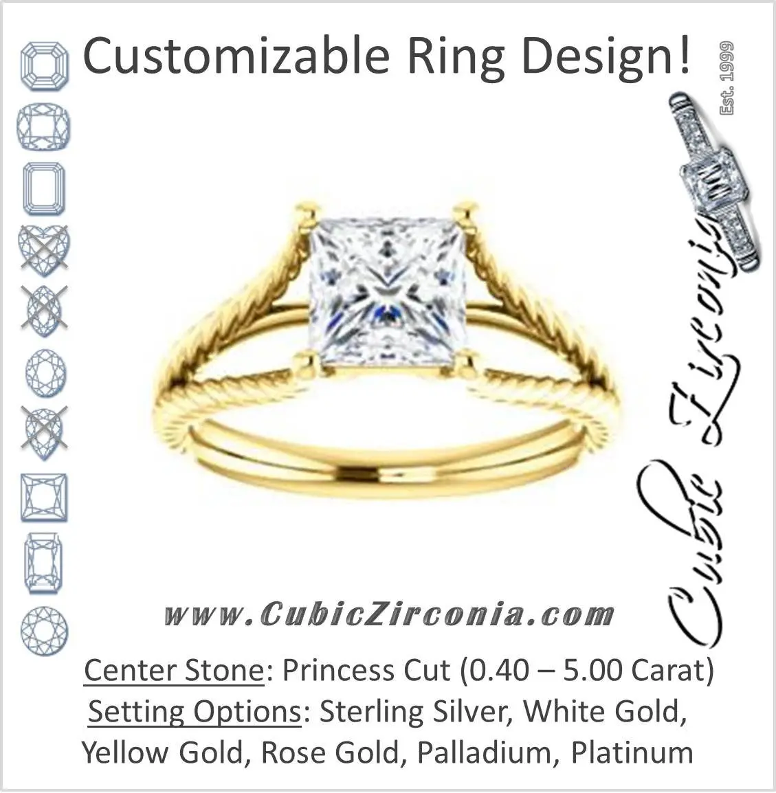 Cubic Zirconia Engagement Ring- The Manuela (Customizable Cathedral-set Princess Cut Solitaire with Rope-Engraved Split-Band)