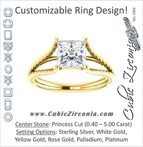 Cubic Zirconia Engagement Ring- The Manuela (Customizable Cathedral-set Princess Cut Solitaire with Rope-Engraved Split-Band)