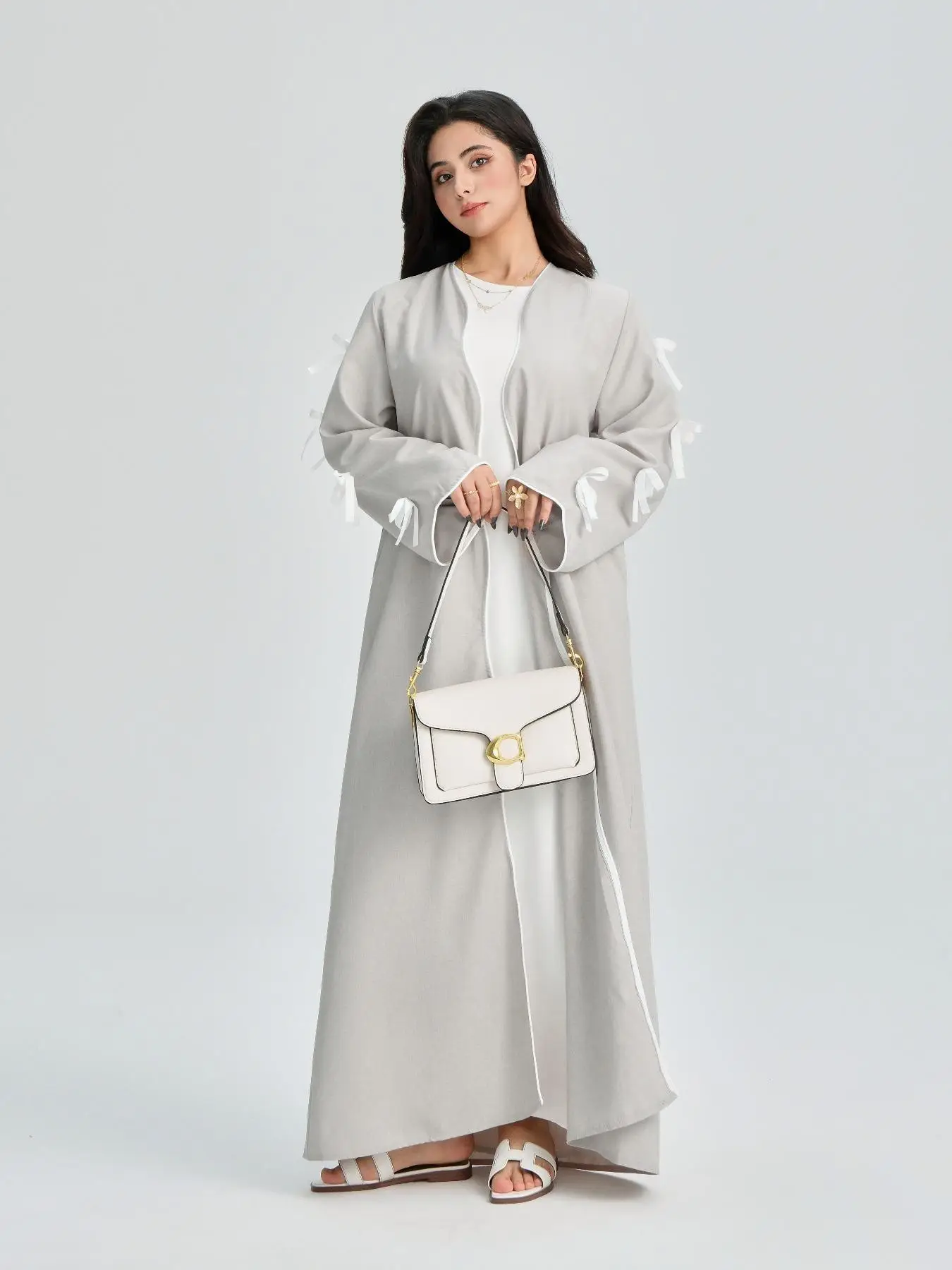 Women's Solid Color Bow Decor Wave Trim Open Front Cardigan, Casual Long Sleeve Outerwear for Daily Wear, Ladies Clothes for All Seasons