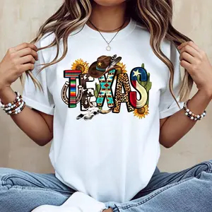 Texas State Flag And Cactus Print V Neck T Shirt  White Casual Loose Fit For Everyday Wear And Outdoor Activities