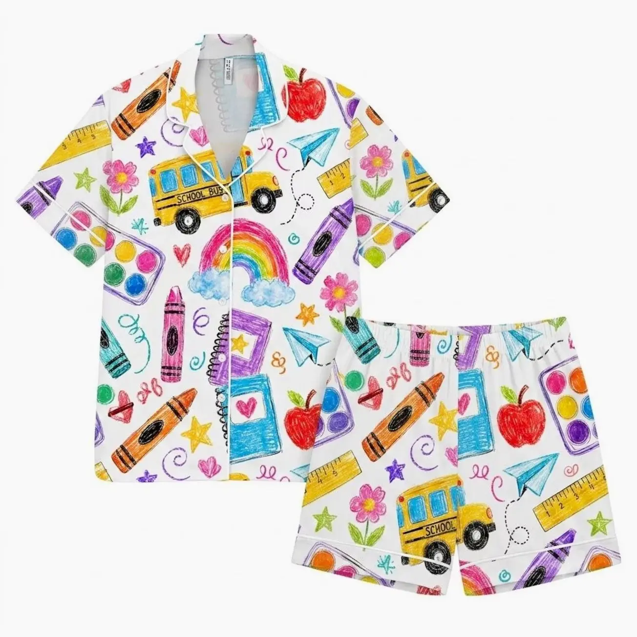 Back to School Pajama Set, Teacher Pajamas, School Bus PJs, Crayon Pajamas, Rainbow Sleepwear, Cute Teacher Gift, Kid Satin Pajamas