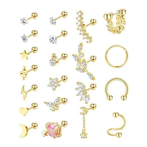 Sanfenly 21pcs Stainless Steel Female Fashion Body Jewelry Kit - 20G, 16G Artificial Zircon CZ Studs & Hoops (Butterfly, Snake, Star, Moon) for Helix, Tragus, Daily Casual Wear