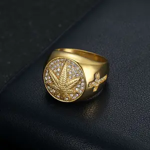 European and American Bestselling Hip Hop Titanium Steel Gold Maple Leaf Rhinestone Cross Men's Ring with Durable Build and Luxurious Gold Finish Stackable Dainty Stacking Set ring  tightener sand  casting  jewelry