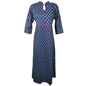 Blue Anarkali Long Tunic Cotton Boho Hippie Dress M