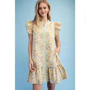 Gigio Botanical Button Down Ruffled Sleeve Mini Dress - Lemon Mix