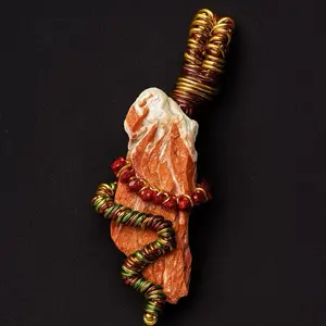 Hand Crafted Red Sea Shell Pendant with Metallic Green Copper & Gold Wire Wrap Shimmering Red Spirals One of a Kind Statement Accessory