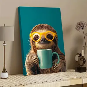 1-Piece Wood Frame Canvas Poster - Sloth with Glasses Ink Art Print, Waterproof Wall Decor for Home, Office, Indoor & Outdoor Use