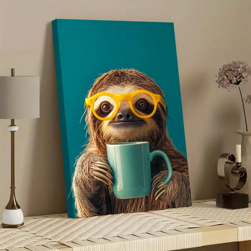 1-Piece Artistic Wood Frame Canvas Poster - Decorative Sloth with Glasses Ink Art Print, Waterproof Durable Wall Decor for Home (back to school, black friday, independence day) & Office Use, Polka Dot Accent, Chinese New Year Decor