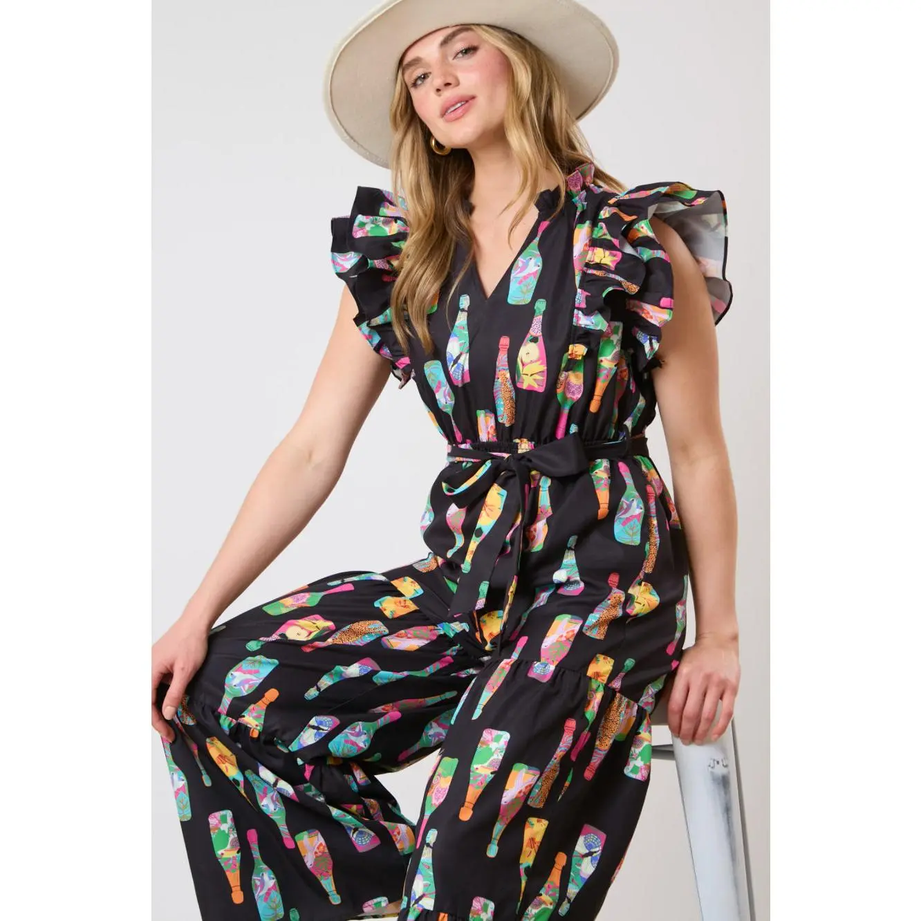 Champagne Bottle Printed Jumpsuit  - Shoulder ruffles -