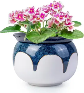 6 Inch Gradient Blue Ceramic African Violet Self-Watering Pots – Easy Care Planters with Absorbent Inner Pot for Indoor Flowers (No Plants)