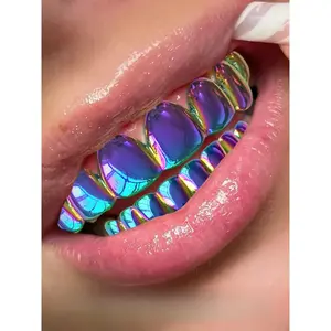 2pcs Copper  Plated Iridescent Full Mouth Grillz Colorful Rainbow Style Color-Shifting Finish Unisex Hip-Hop Tooth Jewelry, Accessory For Black Women Men Suitable For Parties Street Fashion Daily Wear
