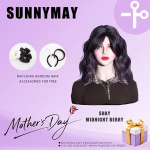 SHAY women’s mid-length layered synthetic wig, 19 inches, Midnight Berry shade, natural scalp effect, 3.5×4.5 hard silky top piece, budget-friendly, curly bangs style