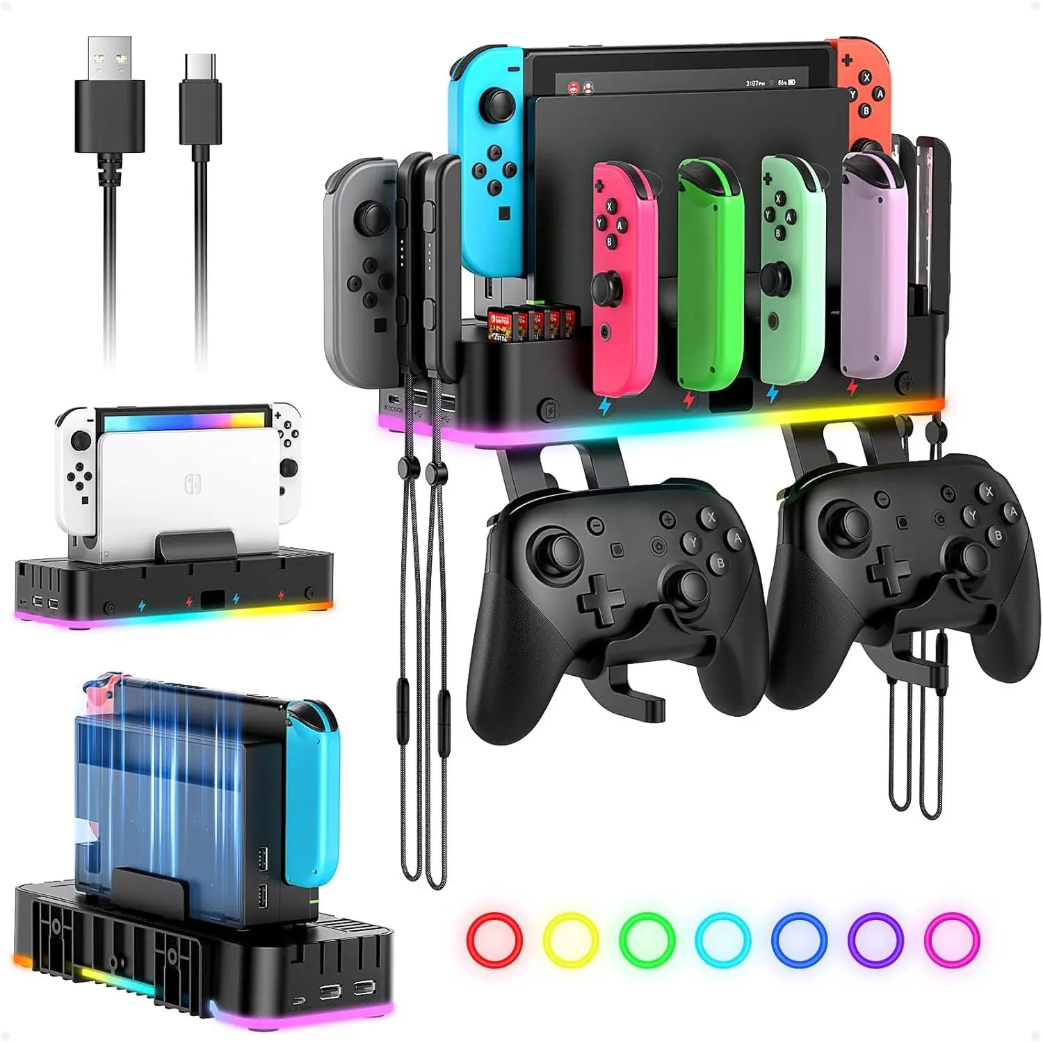 RGB Switch Wall Mount Console Charger for Nintendo Switch/OLED - Joy-Con Holder, Organizer, 15 Light Modes, 4 Controller Charging Ports, 2 USB Ports, 10 Game Card Slots