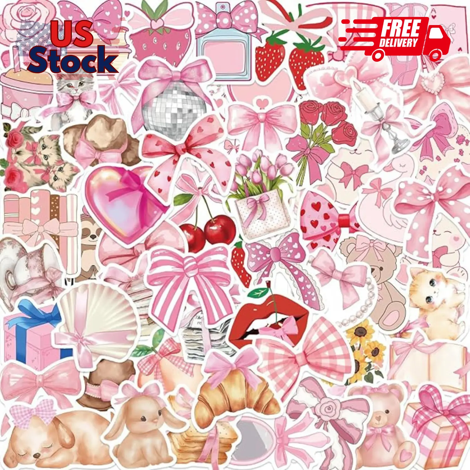 Sticker Rucksack Pink 100PCS Coquette Stickers Pink Aesthetic Pack Cute Bow Tie Stickers ...