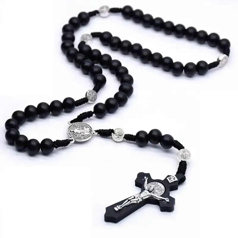 Religious Wooden Antique Black Cross Rosary Car Pendant Jesus Saint Benedict Beaded Hanging for Men Women Jewelry