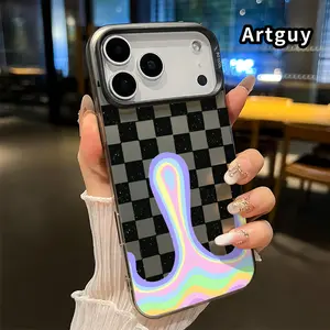 Phone Case for iPhone 17 16 15 14 Pro Max 13 12 11 XR XS Plus Air E Checkered Rainbow Melt Pattern Shockproof Silicone PC Back Protective Smartphone Cover Cellphone Protective