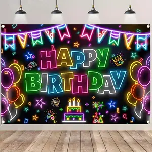 Colorful Neon Happy Birthday Backdrop Banner, Neon Bunting Star Balloon Party Decorations, Durable Polyester Fabric Photo Booth Prop, Reusable Easy to Clean, Perfect for Kids Birthday, Glow Party, Family Gathering, Home Decor, Photo Shoot