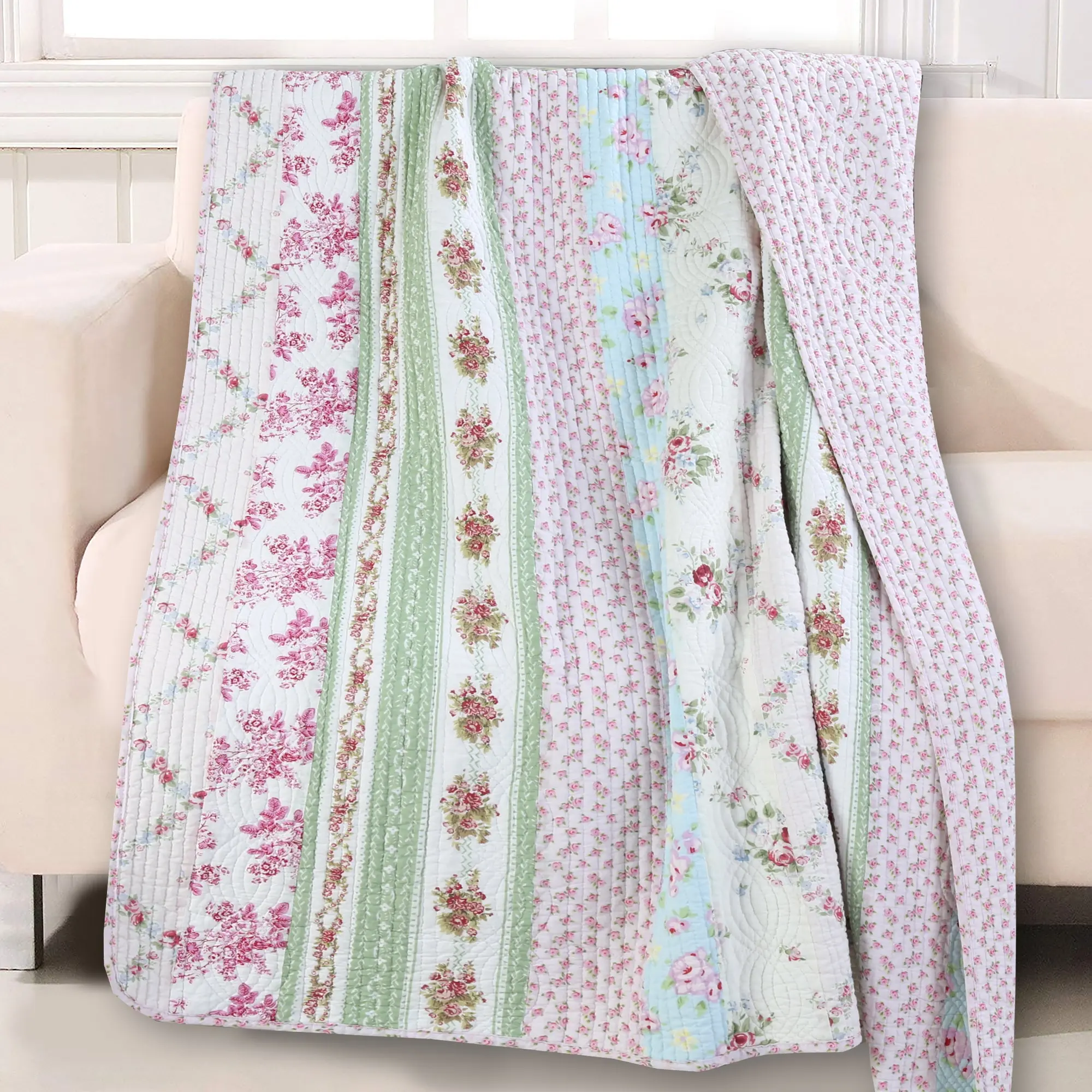 Cozy Line Home Fashions Reversible Quilted Cotton Throw Blanket, Wild Rose Enchantment Design with Enchanted Roses Floral-Bloom Garden Stripe, Decorative Rose Flower Blanket for Living Room