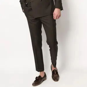 Dark Chocolate Brown Men's Slim Fit Italian Wool Trousers with Folded Hemline