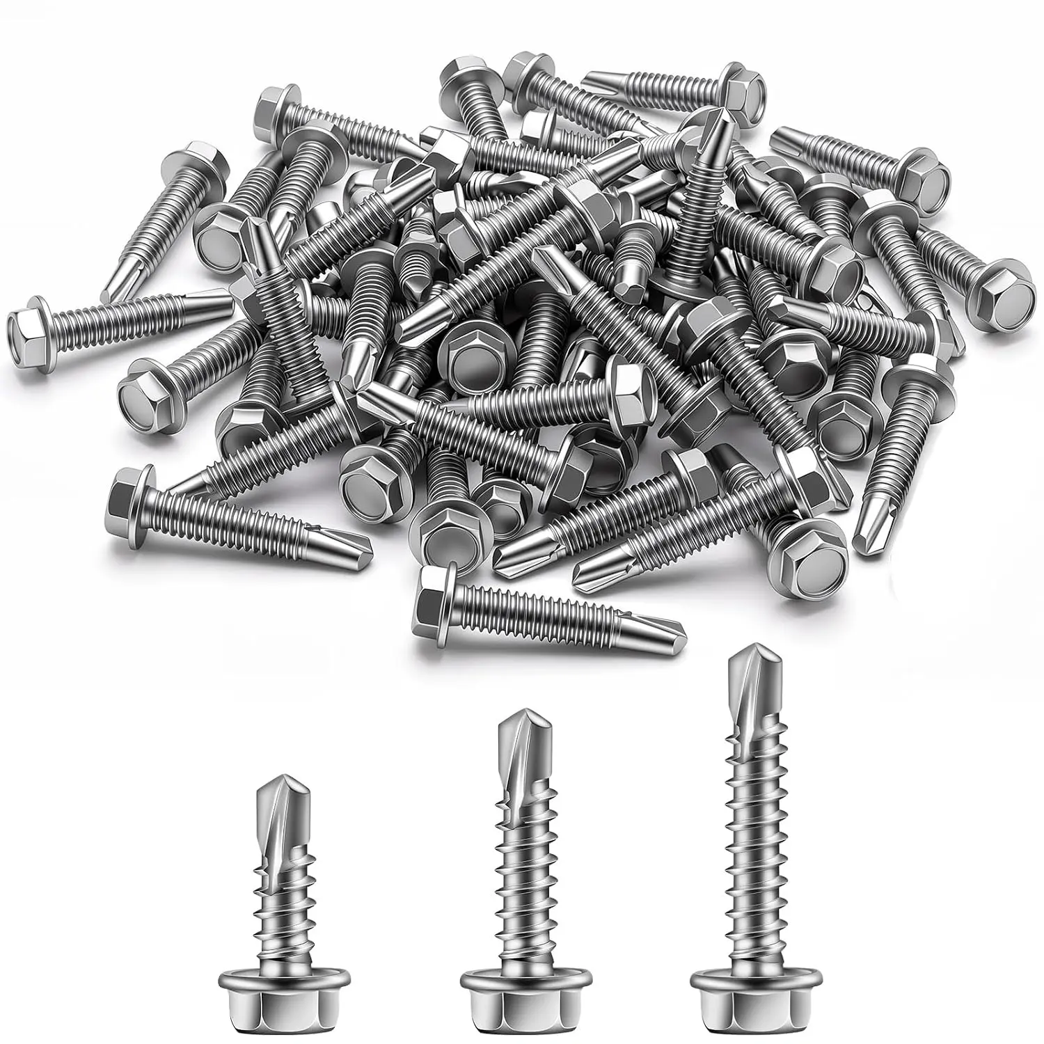250 Pcs Assorted 410 Stainless Steel Hex Washer Head Self-Drilling Screws Kit - Multi-Size Assortment with 3 Most Used Sizes Including #8 x 1 Inches, Enhanced Corrosion Res.