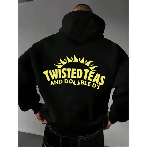 Men's Regular Fit Long Sleeve Pullover Hoodie - "Twisted Teas & Double D's" Graphic Print, Soft Cotton Blend, Standard Sizes, Casual Streetwear Menswear Clothes, Men's Sweatshirts