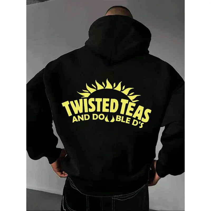 Men's Regular Fit Long Sleeve Pullover Hoodie - "Twisted Teas & Double D's" Graphic Print, Soft Cotton Blend, Standard Sizes, Casual Streetwear Menswear Clothes, Men's Sweatshirts