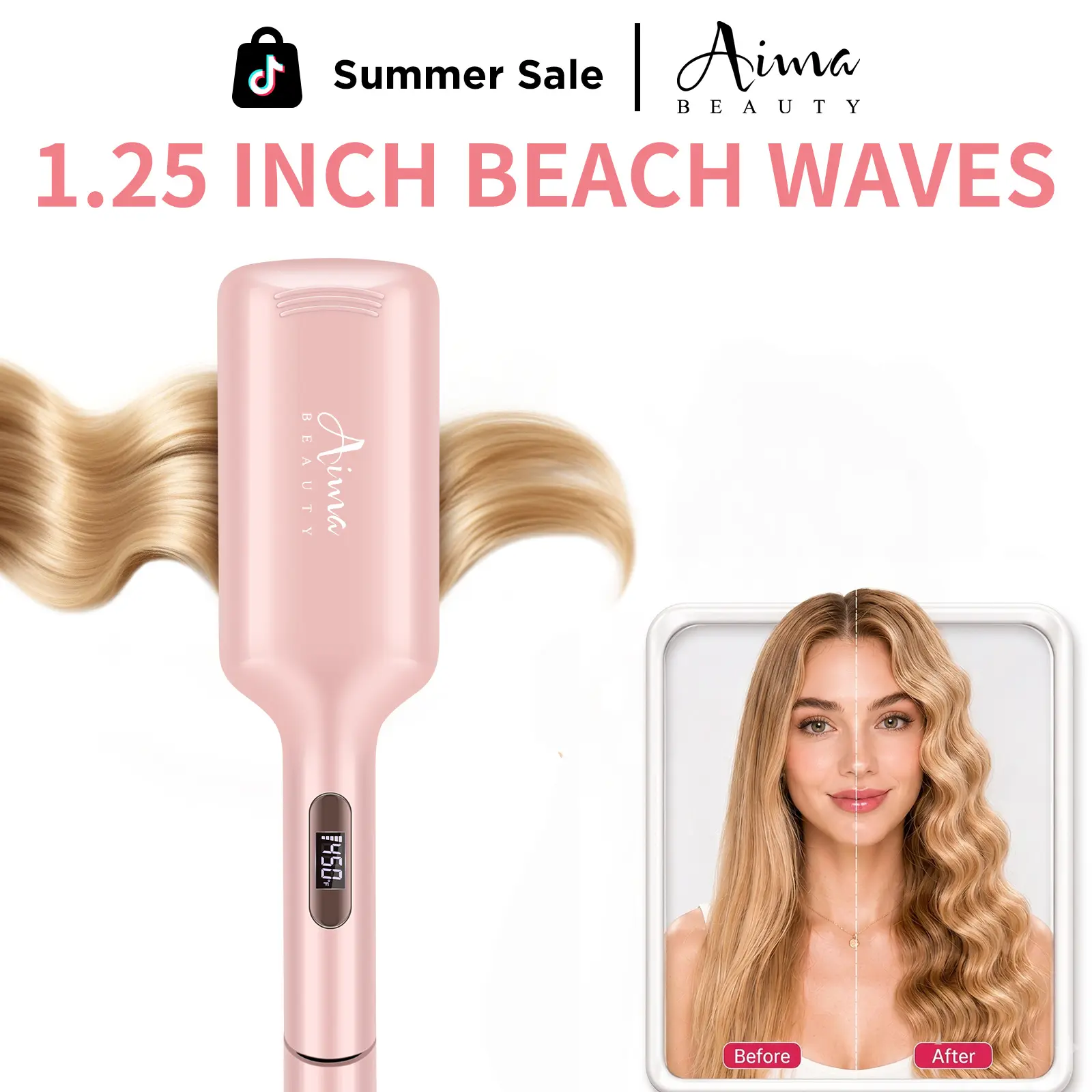 Aima Beauty 1.25 Inch Beach Waves Curling Wand,2 Barrel Hair Waver for Women,Dual Voltage, Ionic Ceramic Mermaid Waves,Fast Heating, Anti-Scald, Reduces Frizz & Heat Damage, Easy to Use, Mermaid Waves, Travel Friendly