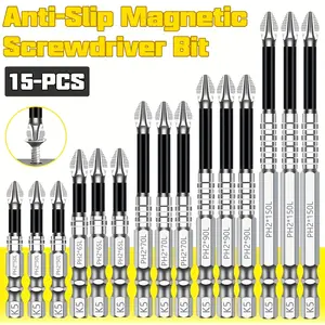 15pcs K5 Anti-Slip Impact-Resistant Threaded Drill Bit Set, Cross Positioning Bits, Magnetic Screwdriver Heads, Steel Magnetic Shockproof Bits