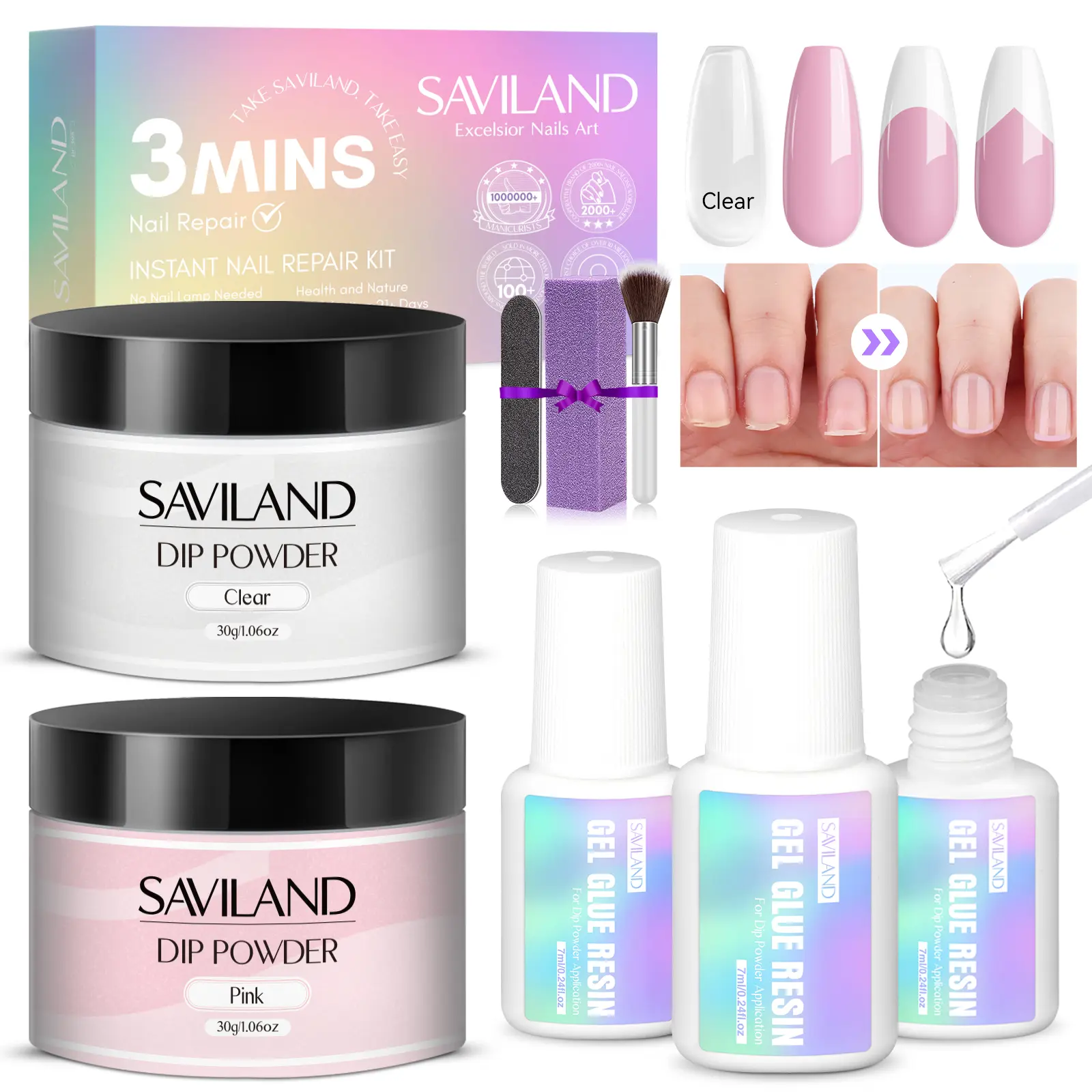 Saviland Nail Repair Kit for Broken Weak Damaged Nails, Emergency Easy Quick Broken Nail Repair Natural Clear & Pink Dip Powder Nail Kit with Nail Repair Glue Air Dry Easy Home & Salon Use Nail Art Nail Care