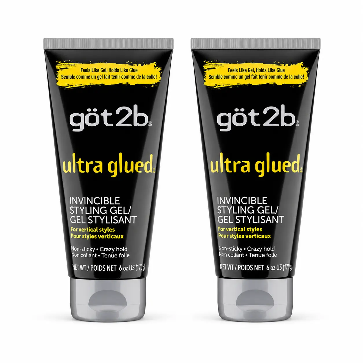 Got2b Ultra Glued Invincible Styling Hair Gel 6 oz (Pack of 2), Maximum Hold Hair Gel Non-Sticky No-Flake Formula, Long-Lasting Hold for Men & Women