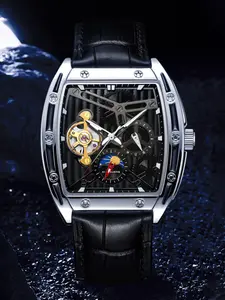 Men's Mechanical Watch, Cyberpunk Style, Full Open Face Dial, Moon Phase Display, Leather Strap, Trendy Casual Wear