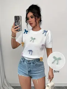 New Fashion Elegant Outdoor Solid Color Y2K Versatile Multicolor Bow Tie Round Neck Short Sleeve Fitted Knit Top, Spring Summer Fall Casual Wear Womenswear
