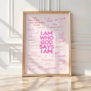 1pc Christian Affirmation Poster Compatible for Bible Verse Wall Art - Pink Scripture Decor, Godly Identity for & Young, Horizontal Ink Print Suitable for Church, Dorm, Prayer Room - Christian Gift, Unframed