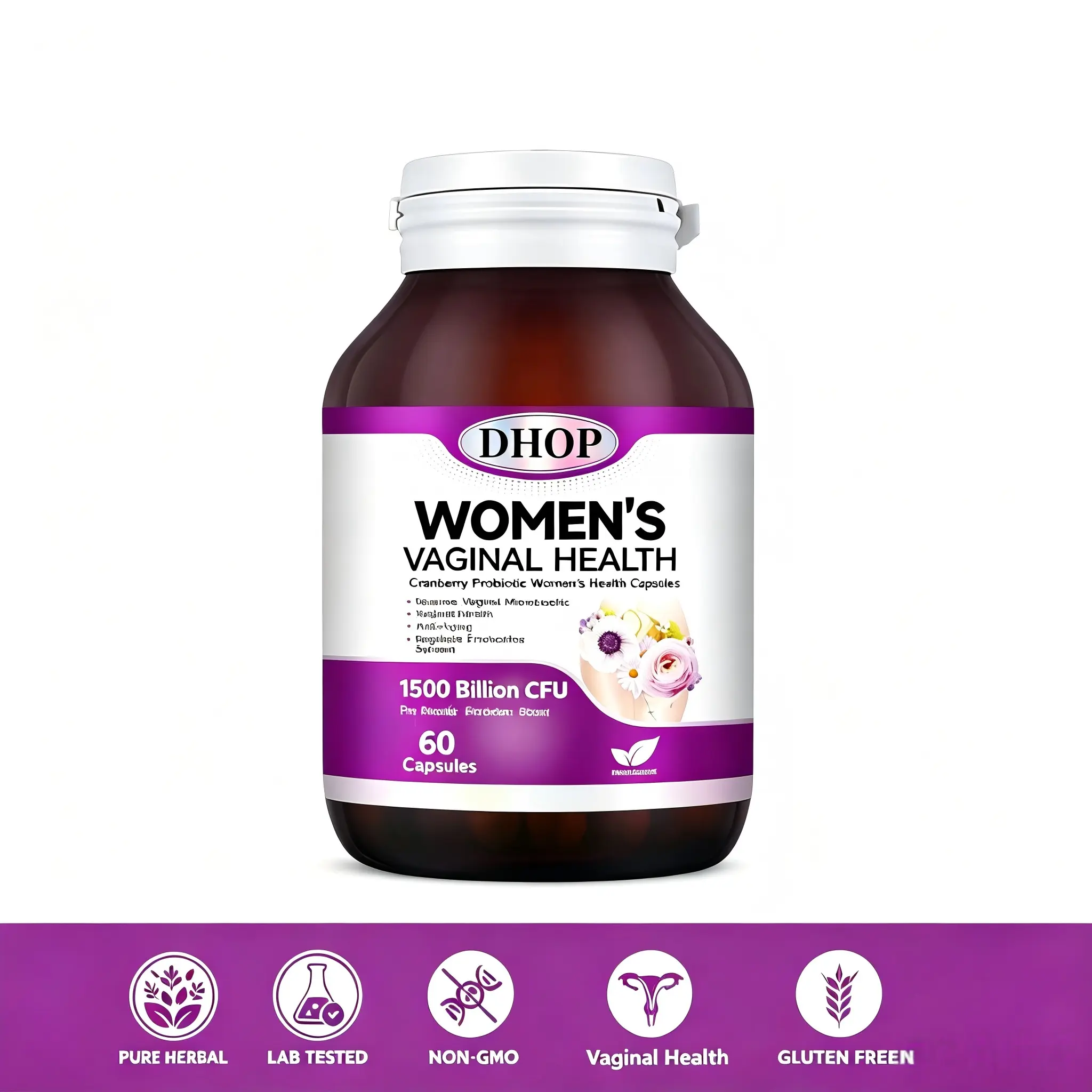 DHOP Women’s Natural Cranberry Vaginal Probiotic Capsules, 1500B CFU Probiotic Blend, 60 Count Health Dietary Supplement for Feminine Intimate Wellness, Vaginal Flora Regulation & Endocrine Support