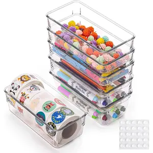 6Pcs Clear Plastic Drawer Organizers Tray 6" x 3" Storage Bins with 25Pcs Non-slip Pads for Makeup, Jewelries, Kitchen Utensils, Bathroom and Office