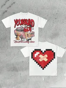 Men's and Women's Short Sleeve Knit T-Shirt with Couple Heart Print, Casual Loose-Fitting Summer Fashion, Stylish American Trendy Design, Streetwear