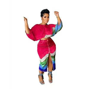 Cutesy Sweet Summer Vibes Set - Adorable Printed Crop Top & Matching Mid-Calf Skirt - Stylish Batwing Sleeves & Slim Silhouette - Lightweight Polyester Blend