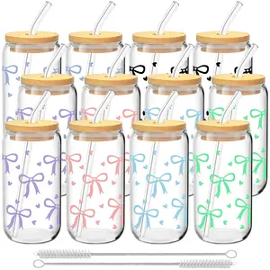 6/12 Pack Bow&Heart Pattern Glass Cups with Lids and Straws, 16oz Reusable Iced Coffee Cups, Glass Tumblers