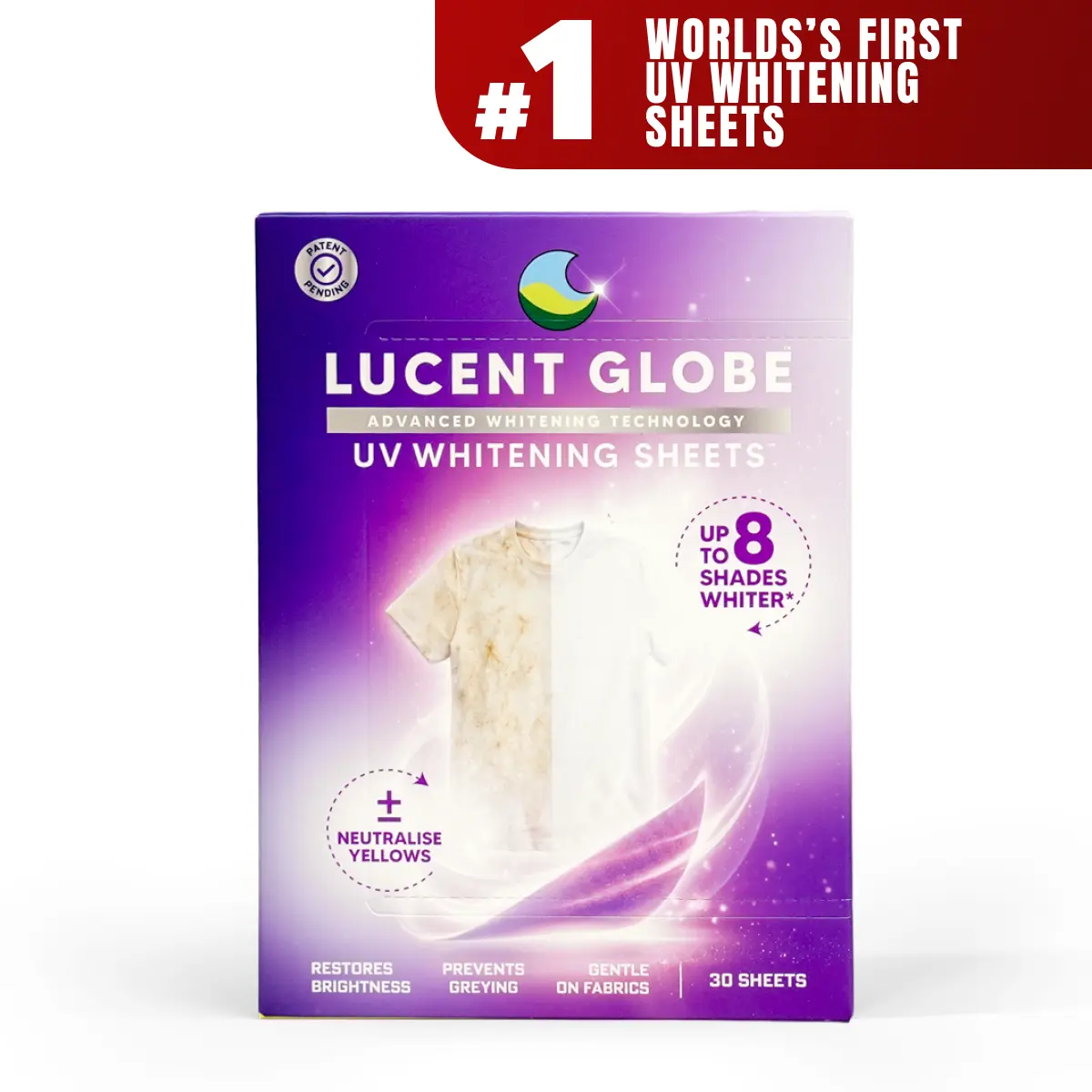 Lucent Globe UV Whitening Laundry Sheets | World's First UV Whitening Formula | x8 Brighter Whites | Zero Plastic Packaging | No Nasties Formula | Purple Colour Corrector