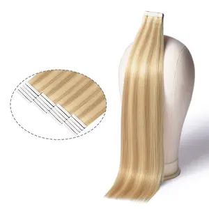 DNE Tape in Hair Extensions Real Human Hair 20Pcs/50g/Pack Seamless #27/613 Light Color Straight Invisible Double Sided Tape in Hair Extensions for Women/Girls Can Bleached and Curl