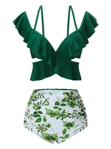 RETRO STAGE Women's 1940s High Stretch Green Floral Print Bikini Swimwear, 2-Piece Ruffled Padded Bust Top with Tie Back, Ruched Bottoms Bathing Suit for Women,summervibes