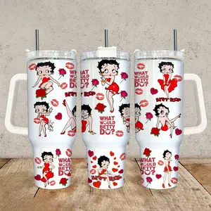 Betty 40oz Tumbler with Handle - What Would Betty Do Retro Graphic Travel Mug - Vintage Cartoon Fan Gift - Insulated Stainless Steel Cup with Straw - Red Roses and Kisses Aesthetic