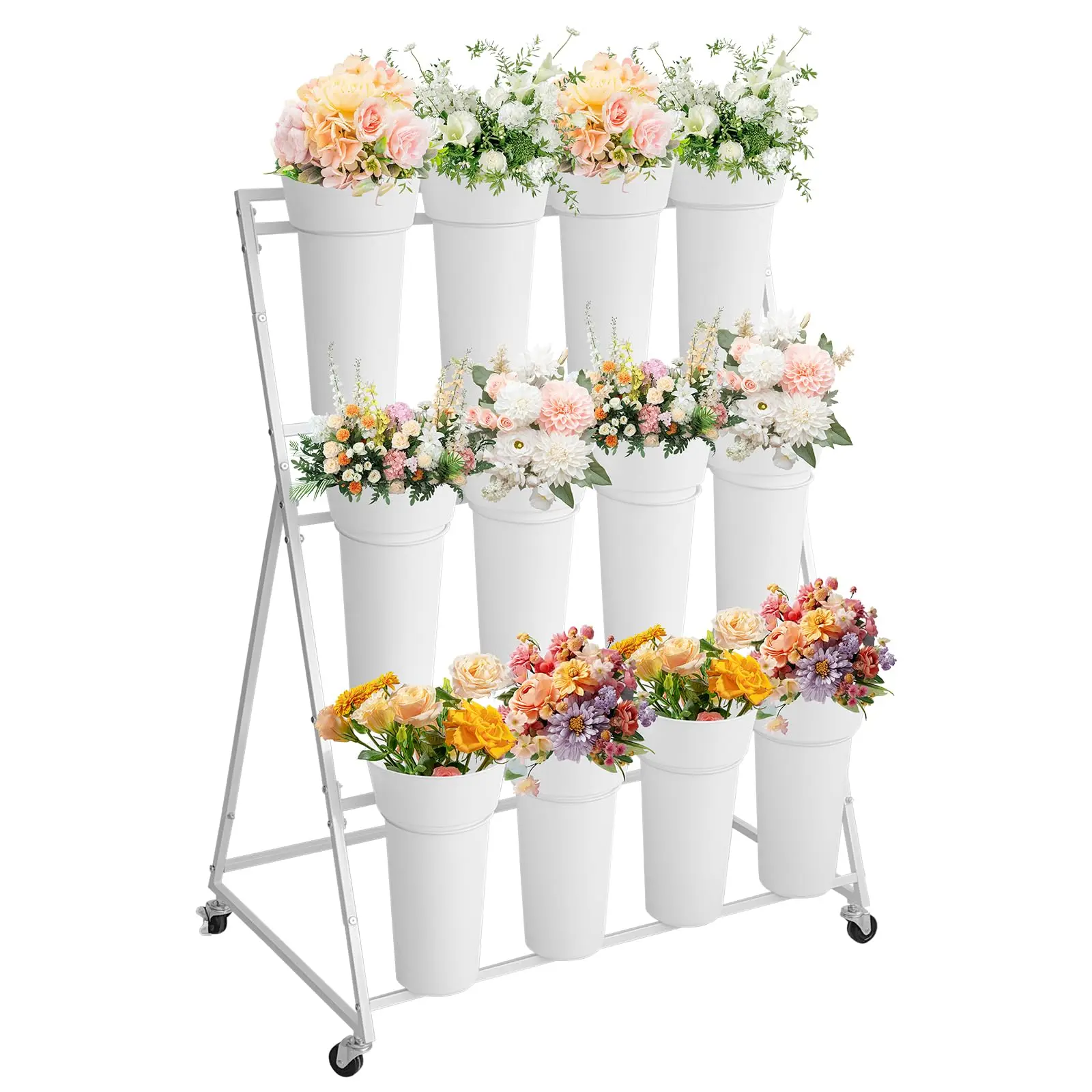Garvee Flower Display Stand,3 Tier Flower Cart with 12 Round Buckets and Wheels, Moving Flower Cart Display Stand for Garden, Wedding, Flower Shop,White