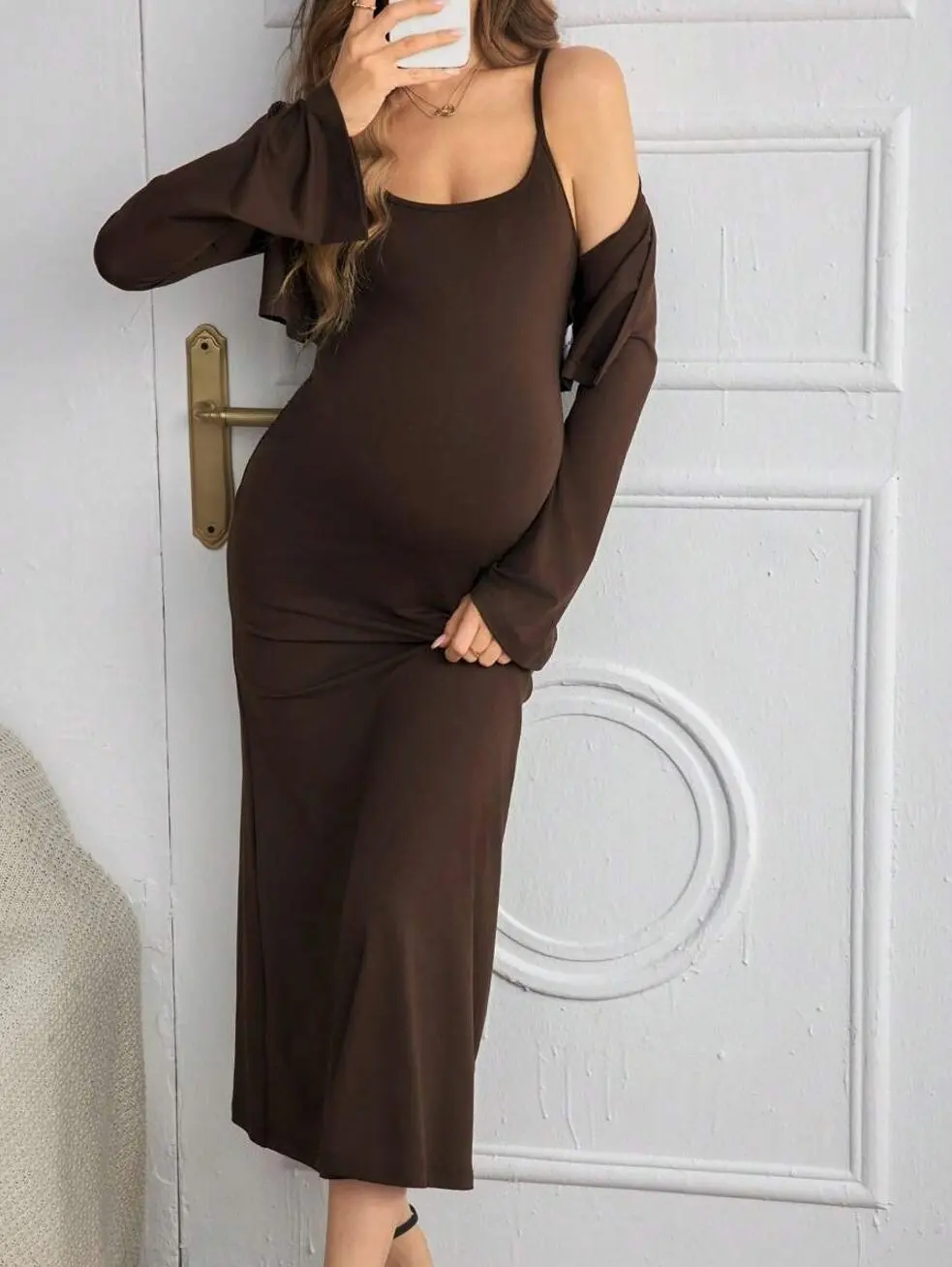 Maternity 2-Piece Set Long Sleeve Cardigan & Bodycon Midi Dress, Stylish Fall Pregnancy Outfit