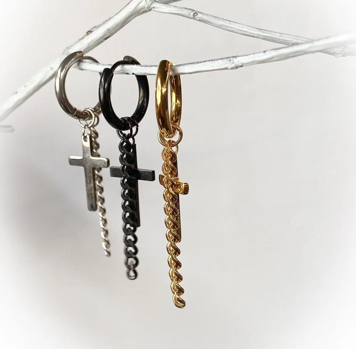 PAIR 316L Steel Hinge Action 20g Seamless Hoop Earrings w/ Cross & Chain Dangle
